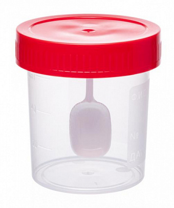 Контейнер полимерный с ложкой для биоматериала, 60 мл, стерильный{{en:Biological material plastic sample cup, 60 ml, sterile, with spoon}}