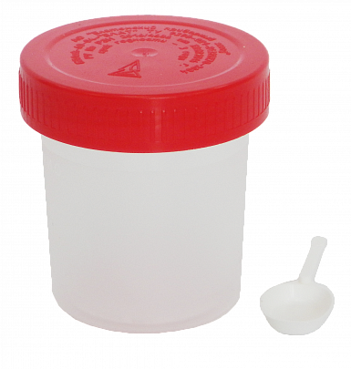 Контейнер полимерный с ложкой  для биоматериала, 60 мл, нестерильный{{en:Biological material plastic sample cup, 60 ml}}