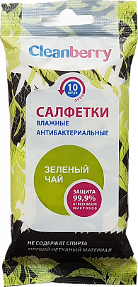 Салфетки Сleanberry Зеленый чай {{en:antibacterial wipes with green tea}}